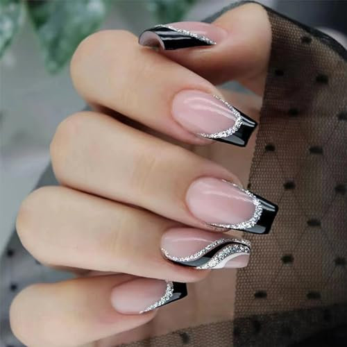 NICENEEDED 24 Pcs Medium Coffin Press on Nails - Black French Tips With Glitter Glossy Full Coverage for Women - Halloween Acrylic False Decoration