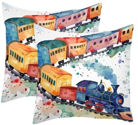 Kissenbezug aus weichem Samt, Motiv: Wasserfarben-Züge mit langen Kutschen, modern, dekorativ, doppelseitig, 50 x 50 cm (Kissen nicht im Lieferumfang enthalten), 2 Stück