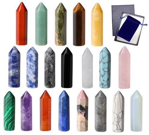 GUJOXILA 20PCS Heilsteine Kristalle Sets Obsidian Tigerauge Opal Klarer Quarz Lapislazuli Sechseckige Edelsteine Reiki Anhänger Heilkristalle Turm Chakra Steine Meditation Spirituelle