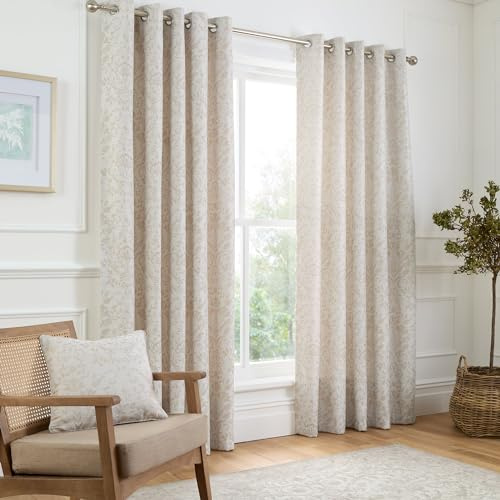 Curtina - Natürliche Leinen Blumen & Vogel gewebte Vorhänge B66 x L72 (168 x 183 cm) – Creme Ösen Vorhänge mit Blumen – Traditionelle Vorhänge & Vorhänge für Wohnzimmer & Schlafzimmer – Jacquard