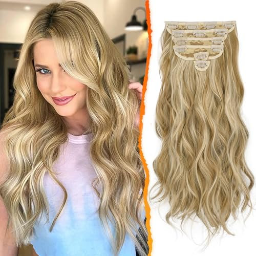 BARSDAR Clip in Extensions, 6PCs Wellige Highlight Haarverlängerungen Für Frauen - 50CM Dickes Natürliches Weiches Synthetisches Clip in Haarteile - Glodenblond mit Highlights