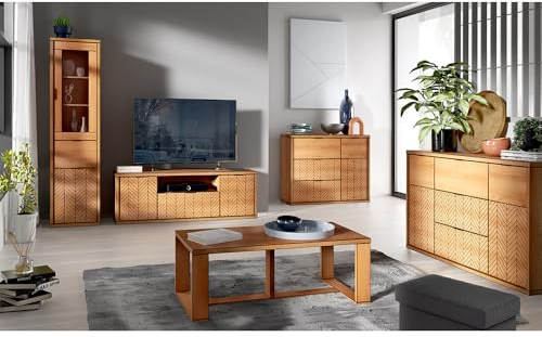 Lomadox Wohnzimmermöbel Set 5-teilig Kommode Sideboard Lowboard Vitrine Couchtisch Wohnzimmerschrank modern in Eiche