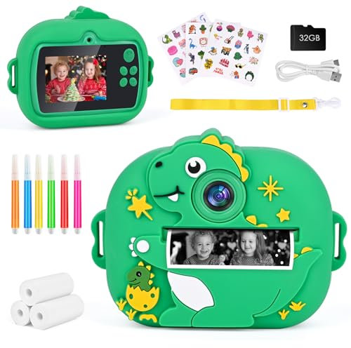 Appareil Photo Instantané, 2.4 Écran Appareil Photo Numérique Enfant, Caméra Vidéo avec Papier d'impression et Carte 32GB Stylos Colorés, Noël Anniversaire Cadeau pour Enfant 3-10 Ans (Vert)