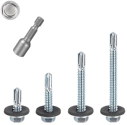 105 Pcs Self Drilling Roofing Screws Set, M5.5 Hex Head Self Tapping Screw | With Rubber Sealing Washer & Hex Socket, Metal Roof Screws Kit for Metal Wood - 19/32/45/60 mm