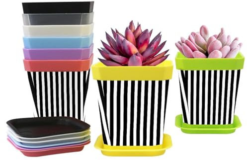 Macetas con drenaje, macetas para decoración del hogar para macetas de interior, paquete de 8 macetas de plástico, cactus, macetas para suculentas, rayas blancas y negras