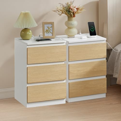VASAGLE Bedside Tables with Power Strip, Set of 2 Modern Side End Table with Drawers, 2 AC Outlets, 2 USB Ports, for Living Room, Bedroom, Cloud White and Almond Yellow KAILYN Collection LET831Y02