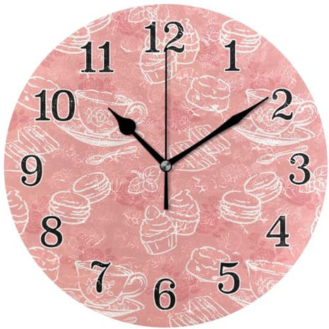 KLL Uhr, elegante Pfirsichrose, Teetasse und Cupcakes, Uhr mit Sekundenuhr in Wänden, leise für Büro, Wanddekoration, 25,4 cm, Schwarz