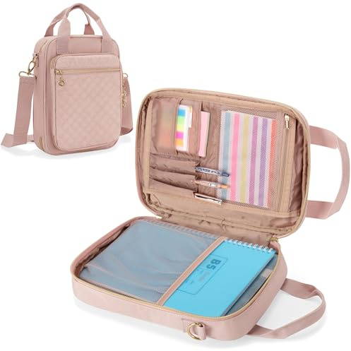 Teamoy Journal Supplies Storage Case Withe Removable Shoulder Strap, Pink | Potable Multipocket Journal Supplies Bag, Large Capacity Journal Supplies Organiser for B5 Notebooks, Journal Accessories