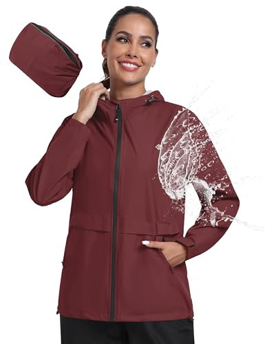 MoFiz Veste de pluie Femme Imperméable Veste Extérieure Légère Imperméable coupe-vent pour Cyclisme Voyage Jogging Randonnée Trekking Rouge vin Taille EU XL