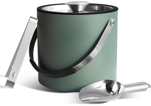 Bakpoco 3L Eiskübel mit Silikondeckel, Schaufel, Zange & Sieb, Edelstahl, doppelwandig, isoliert, Eiskübel für Partys & Cocktailbar, Champagner Eisbehälter im Freien, Staubgrün