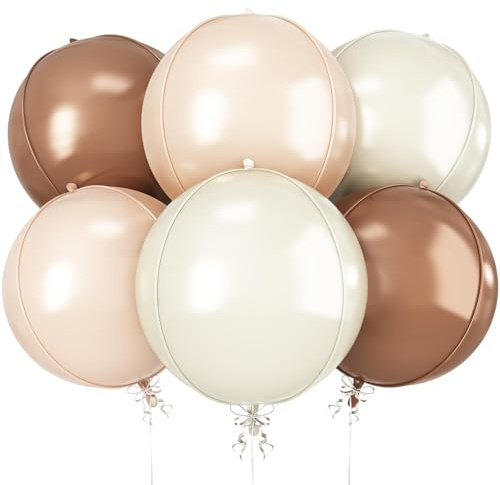 6Pcs Nude Cream Beige Round Foil Balloons, 22inch 4D Apricot Brown Tan Large Ball Balloons, for Boho Birthday Wedding Baby Shower Party Backdrop Decorations