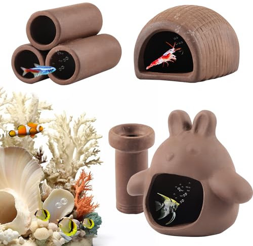 ASOFTY 4 Stück Aquarium Höhle, Fisch Tank Zubehör Höhle Dekoration, Fisch Garnelen Versteck, Fischzuchtröhre, Wassertiere Keramik Versteck für Aquarium Deko