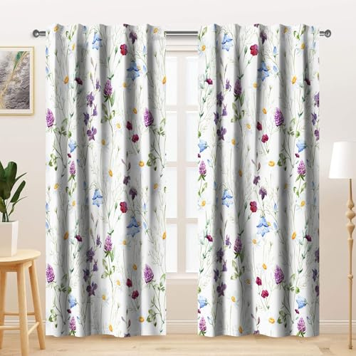 Kzzfqxb 2 Paneele 107x160cm Blumen vorhänge, botanische Kräuter lila Blaue Wildblumen Stängel Unkraut, Elegantes Dekor für Wohnzimmer, Mädchenzimmer, Schlafzimmer, Esszimmer