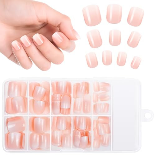 Kiiwah 120 Pièces Faux Ongles Court pour Femmes, Rose Dégradé Naturel Coller French Manucure Press on Nails Faux Ongles French Manucure pour Les Salons de Professionnels, Les Amateurs de DIY