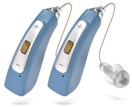 Dispositivo de sonido 32 Canales - Dispositivo de sonido Digital Recargable Inalámbrico con Reducción de Ruido, 30 Horas de Autonomía, Diseño Invisible y Ligero, Ajuste de Volumen, doble, Azul claro