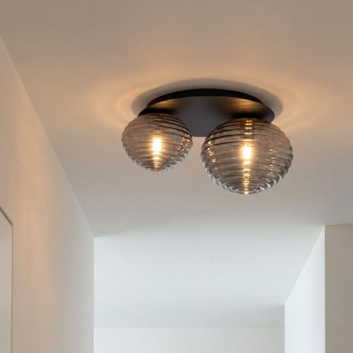 Licht-Erlebnisse Deckenleuchte Rauchglas Metall Schwarz geriffelt blendarm Wohnzimmer Flur 2-flammig Kugeln E27 B:45 cm elegant stilvoll Deckenlampe Schlafzimmer