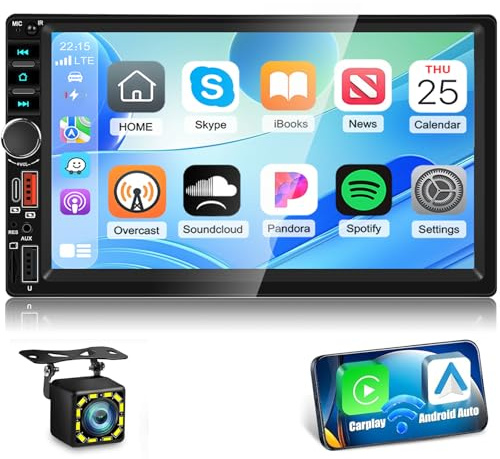 Techschermo Double Din Car Stereo with Wireless Carplay and Android Auto, 7 Inch Touchscreen Bluetooth Car Radio with Share Same Video/Online Video/Mirror Link/EQ/FM + 12leds Backup Camera