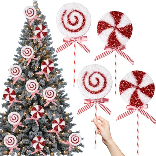 Best Christmas Decorations, 4Pcs 355mm Giant Sparkly Lollipop Christmas Tree Decorations, 14 Red and White Candy Ornaments for Stocking Fillers and Xmas Tree Topper, Holiday Essentials and Home Decor