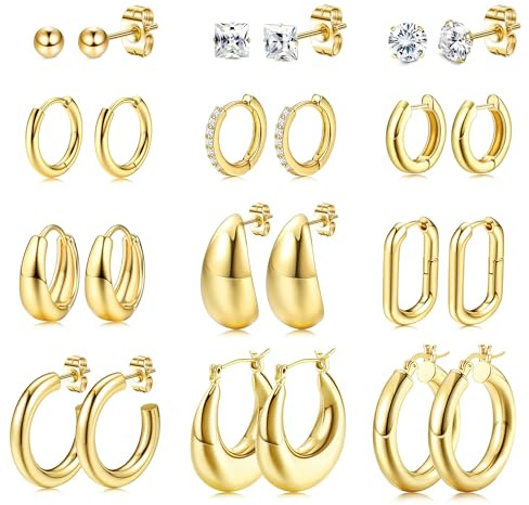 Dochais 13 Paar Ohrringe Goldfarben Silberfarben Set 316L Set | Chirurgenstahl Medizinische Ohrstecker Klein Creolen Ohrringe Hypoallergene Tragus Helix Piercings Ohr für Damen Herren