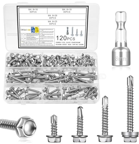 120 PzViti Autofilettanti a Testa Cilindrica in Metallo, M4,8 Viti per Lamiera, Set di Viti in Acciaio Inox a testa esagonale, vViti autoperforanti per lavorazione dei metalli, legno, plastica