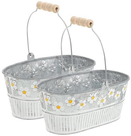 Secchiello da Fiori Vintage in Ferro, Set 2 Pezzi, Argento | Stile Retrò Trattamento Antico, Decorativo e Salvaspazio, per Esposizione in Fioreria e Composizioni