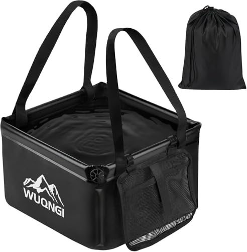 WUQNGI Bol de Camping 15L, Bol de Camping Pliable avec Poignée Supplémentaire et Compartiment de Rangement, Bol de Lavage Extérieur Pliable (Noir)