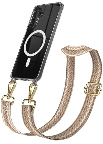 EAZY CASE Handykette - Verstellbares Taschenband kompatibel mit Galaxy A17, Schulterriemen, Handykordel mit Silikon Hülle, Qi Charging kompatibel, Umhängetasche, Hell Braun Braun Gold