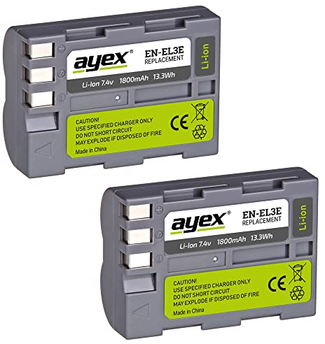 ayex Lot de 2 batteries EN-EL3e compatibles avec Nikon D70, D80, D90, D100, D200, D300, D300s, D700, puissantes, 100 % compatibles