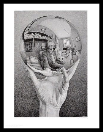 Germanposters MC Escher Poster Kunstdruck Bild Hand mit Kugel im Alu Rahmen in schwarz 71x61cm