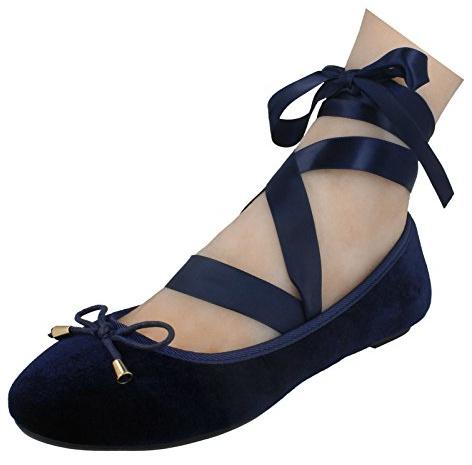 Spot On Ladies Tie Up Leg Flat Ballerinas - Navy Velvet - UK Size 7 - EU Size 40 - US Size 9