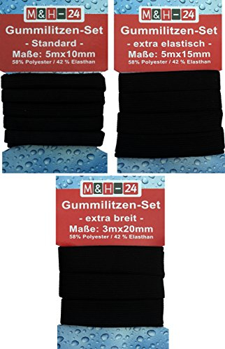 M&H-24 Gummiband zum Nähen 10mm 15mm 20mm Breit - Reißfestes Wäschegummi Hosengummi Gummibänder Gummizug Gummilitze Set Elastisches Band 95°C Waschbar Kochfest Nähzubehör Basteln DIY Schwarz 13m