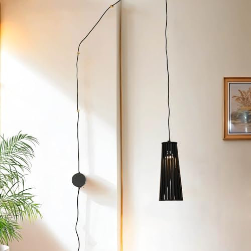 Licht-Erlebnisse Wandlampe flexibel einhängbar in schwarz aus Holz & Metall E27 mit Kabel + Stecker Pendellampe Wandleuchte Innen Wohnzimmer Studentenzimmer