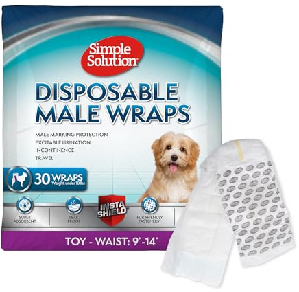 Simple Solution True Fit Disposable Dog Diapers for Male Dogs | Super Absorbent with Wetness Indicator | Toy | 30 Count | Dog Belly Bands, Potty Training, Incontinence Support, Leak Proof, Disposable Wraps, Male Dog Wrap, 9-14, Indoor Marking