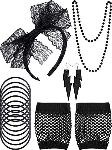 Blulu 80 Jahre Fancy Kostüm Set, Spitze Stirnband Neon Ohrringe Fingerlose Fischnetz Handschuhe Schwarze Perle Halskette Silikon Armbänder für 80 Party und Halloween
