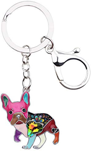 BONSNY Emaille Metall Herz Strass Französische Bulldogge Schlüsselanhänger für Frauen Kinder Auto Handtasche Ringe Charms Haustiere Geschenk (Mehrfarbig)