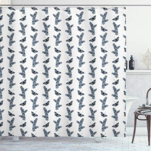 ABAKUHAUS Entomology Shower Curtain, Vintage Design of Yew and Butterflies, Cloth Fabric Bathroom Decor Set with Hooks, 78 Inches, White Slate Blue