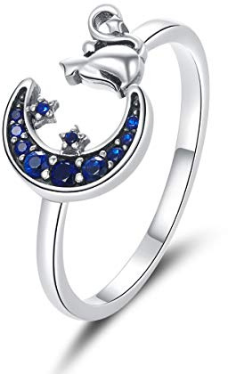 NewL Mond & Katze Fingerringe für Frauen Verstellbar 925 Sterling Silber Ring