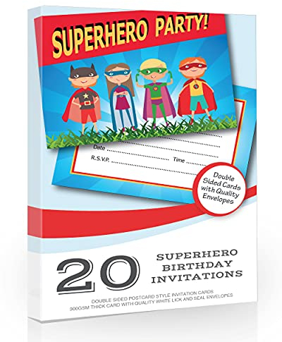 Olivia Samuel 20 x Superhero Party Invitations - Kids Super Hero Birthday Invites - A6 Postcard Size with envelopes