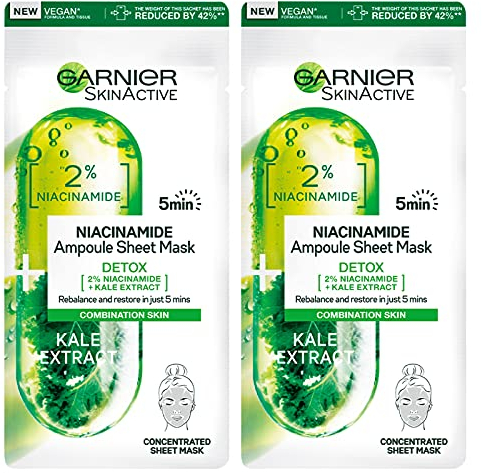 2 x Garnier SkinActive Niacinamid Stoffmaske Ampulle Detox Reinigung für Mischhaut und fettige Haut Antioxidative Wirkung - 2 Einweg-Gesichtsmasken