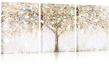 3 Panels Mit Rahmen Baum Leinwand Bilder Kunstdrucke Poster Gold Beige Bild auf Leinwand Malerei Wandbilder Heimbüro Wohnzimmer Schlafzimmer Dekorationen Bereit zum Aufhängen 120x60cm (16x24x3pcs)