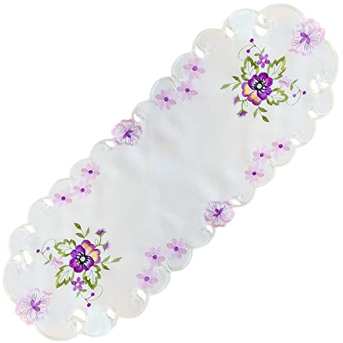 matches21 HOME & HOBBY Tischdecke Elke 30 x 70 cm oval edle Stickerei mit lila Stiefmütterchen & Cutwork aus Polyester