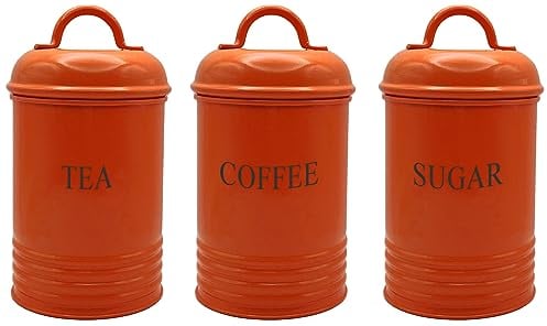 Set of 3 Tea Coffee Sugar Canisters,Storage, Rust Resistant, Powder Coated Ideal for Kitchen Storage Coffee Granules, Tea Leaves & Bags & Sugar Cubes (ORANGE)