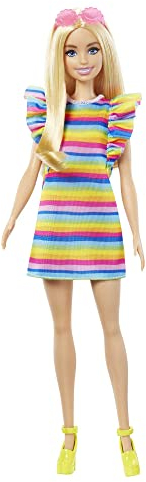 Barbie Fashionista, Puppe mit Zahnspange, Blonde Haare, Regenbogen-Kleid, rosa Sonnenbrille, gelbe Schuhe, inkl Puppe, Geschenk für Kinder, Spielzeug ab 3 Jahre,HJR96