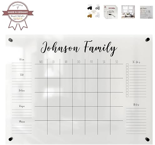 Wunsch Kalender - personalisierter Wandkalender - wählbar 3 bis 5 Namen - wiederverwendbarer Kalender aus Acrylglas - Familienplaner abwischbar - Hingucker für jeden Raum