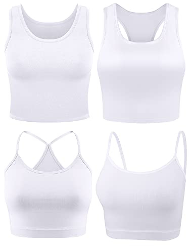 BOAO Bauchfreies Oberteil für Damen, Basic-Tops, Workout-Tops, Spaghettiträger-Tank-Tops, ärmellos, Racerback, Cami für Sport, Fitnessstudio, 4-teilig, Weiss/opulenter Garten, Mittel