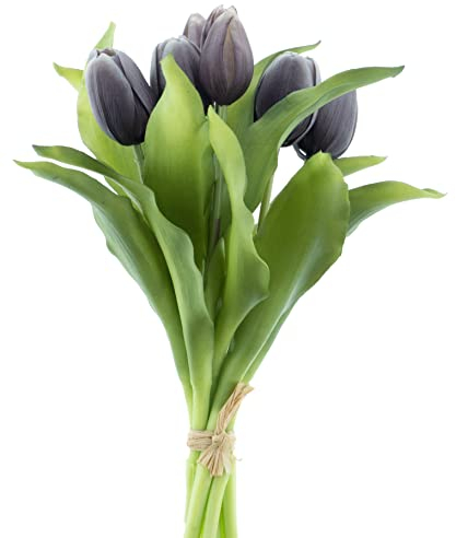 mucplants künstliche Tulpen Tulpenbündel mit 4 Tulpen und 3 Tulpenknospen real Touch (Schwarz)