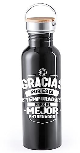 Regalo (BAOBAB REGALOS Botella De Agua Deportiva Para Entrenador De Futbol - Frase Motivadora - Agradecimiento Fin de Temporada - Estilo Retro - Acero inoxidable - Grabado Láser COLOR NEGRO)