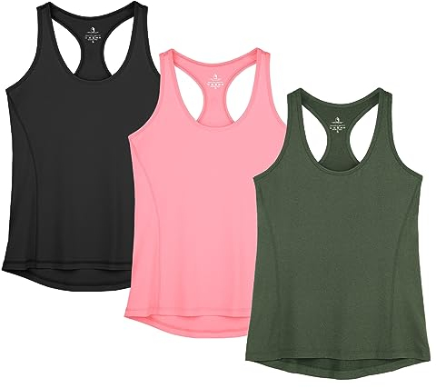 icyzone Damen Sporttop Yoga Tank Top Ringerrücken Sport Oberteil Laufen Fitness Funktions Shirt, 3er Pack (XL, Solid Black/Pale Pink/Dark Green)