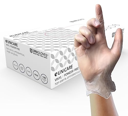 UNIGLOVES Unicare Vinyl Gants jetables, sans poudre, sans latex, poids moyen, boîte de 100 gants, transparents, taille S (GS0062)