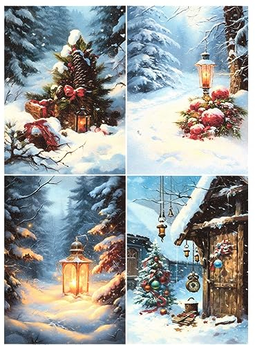 Josys Bastelmärchen Reispapier A4 Strohseide Decoupage Weihnachten Wald Laterne Hütte Baum RE3930